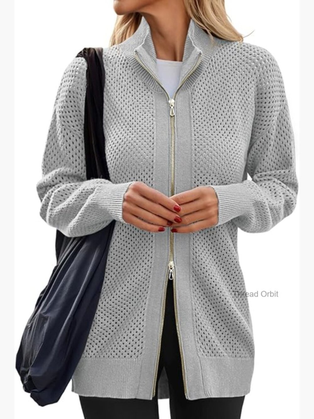 Oversized Zip Up Cardigan Sweater Drop Shoulder Long Sleeve Mesh Knit